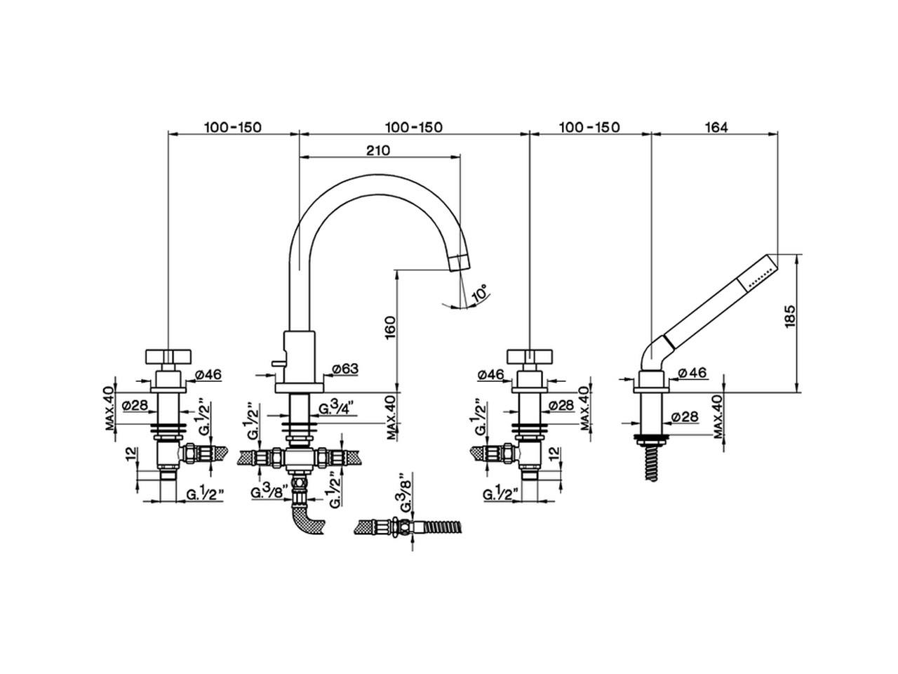 Deck-mounted 4-hole bath mixer BARCELONA_BA000260 - v1