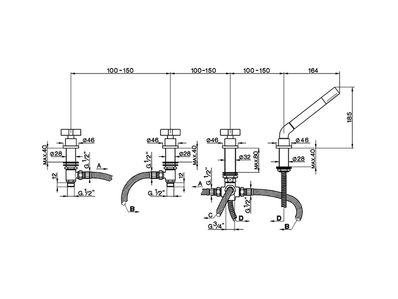 Deck-mounted 4-hole bath mixer BARCELONA_BA000290 - v1