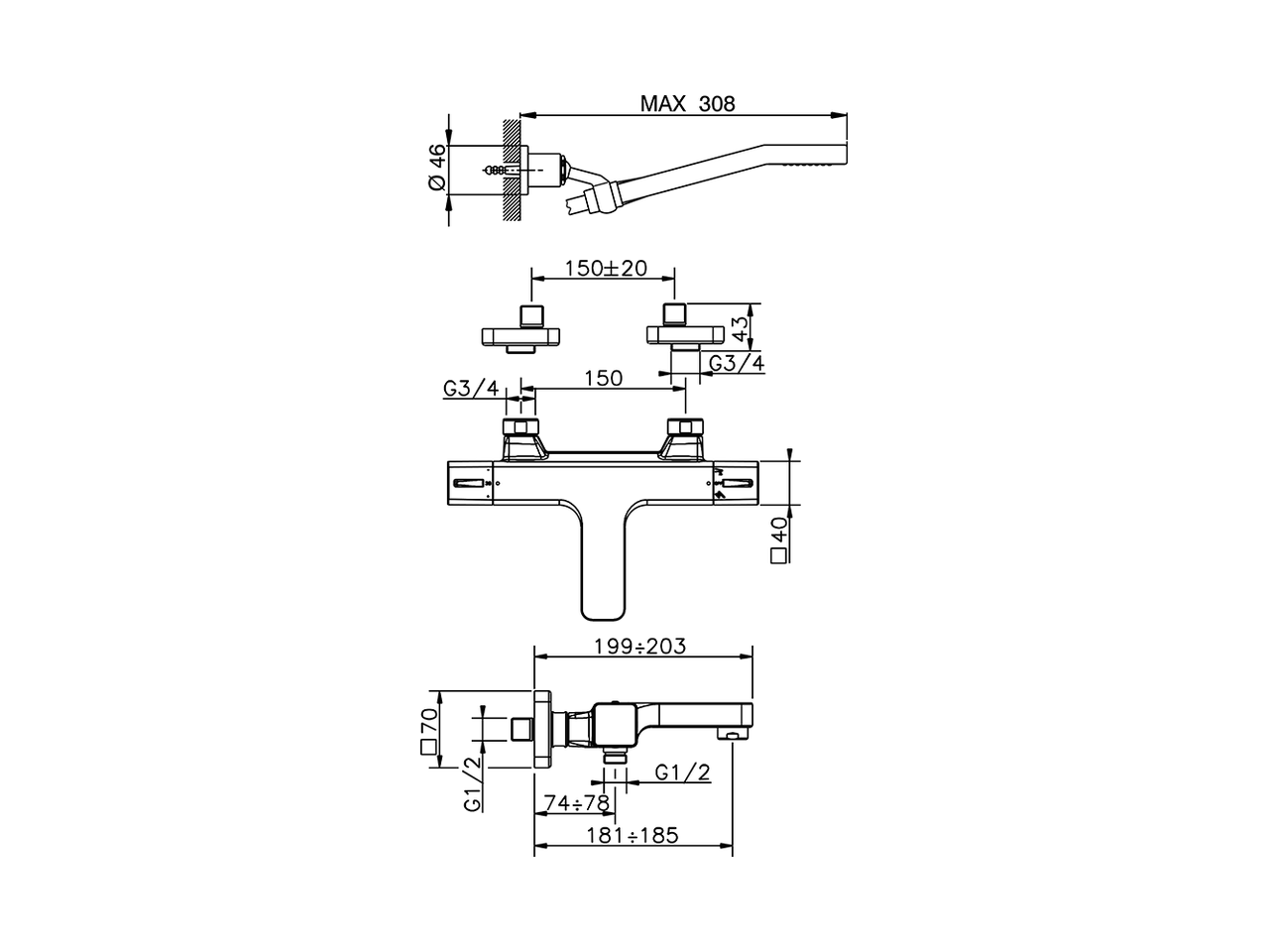 Thermostatic bath mixer, with shower set CUBIC_CUD21020 - v1