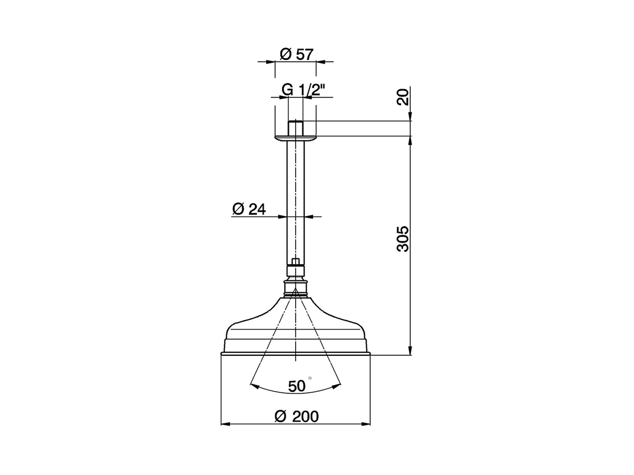 Ceiling shower arm with Arcana showerhead ARCANA COMPONENTS_DS013410 - v1