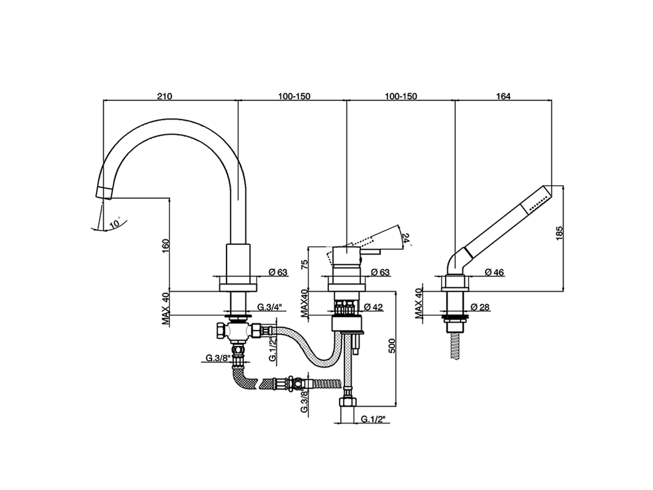 Deck mounted 3-holes single lever bath mixer NUOVA LESS_LN001260 - v1
