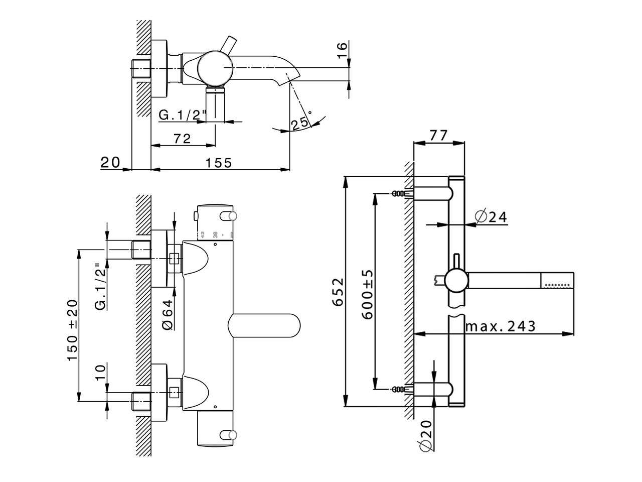 Thermostatic bath-shower mixer with sliding bar NUOVA LESS_LNS23016 - v1