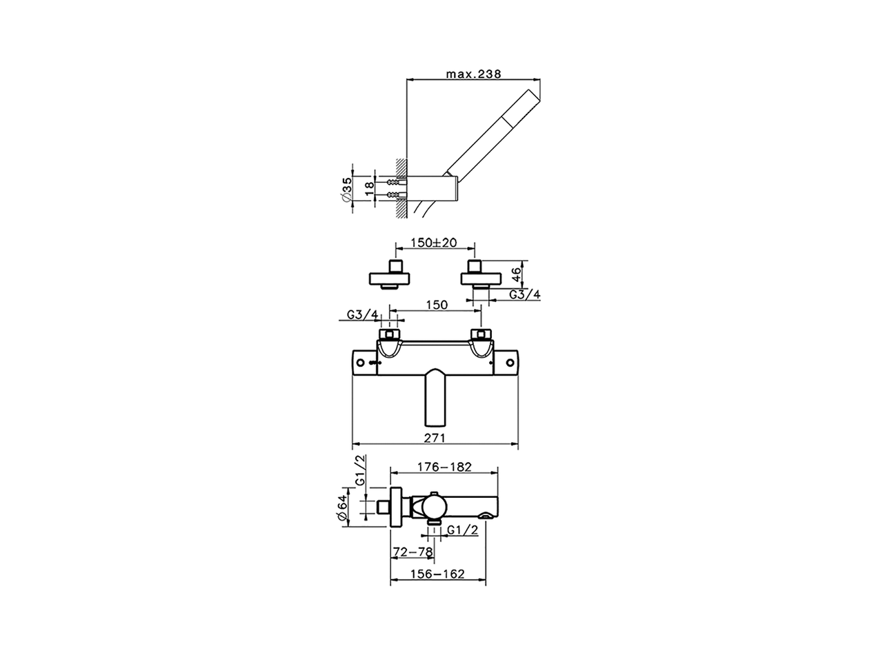 Thermostatic bath mixer, with shower set SLIM_SMD23010 - v1
