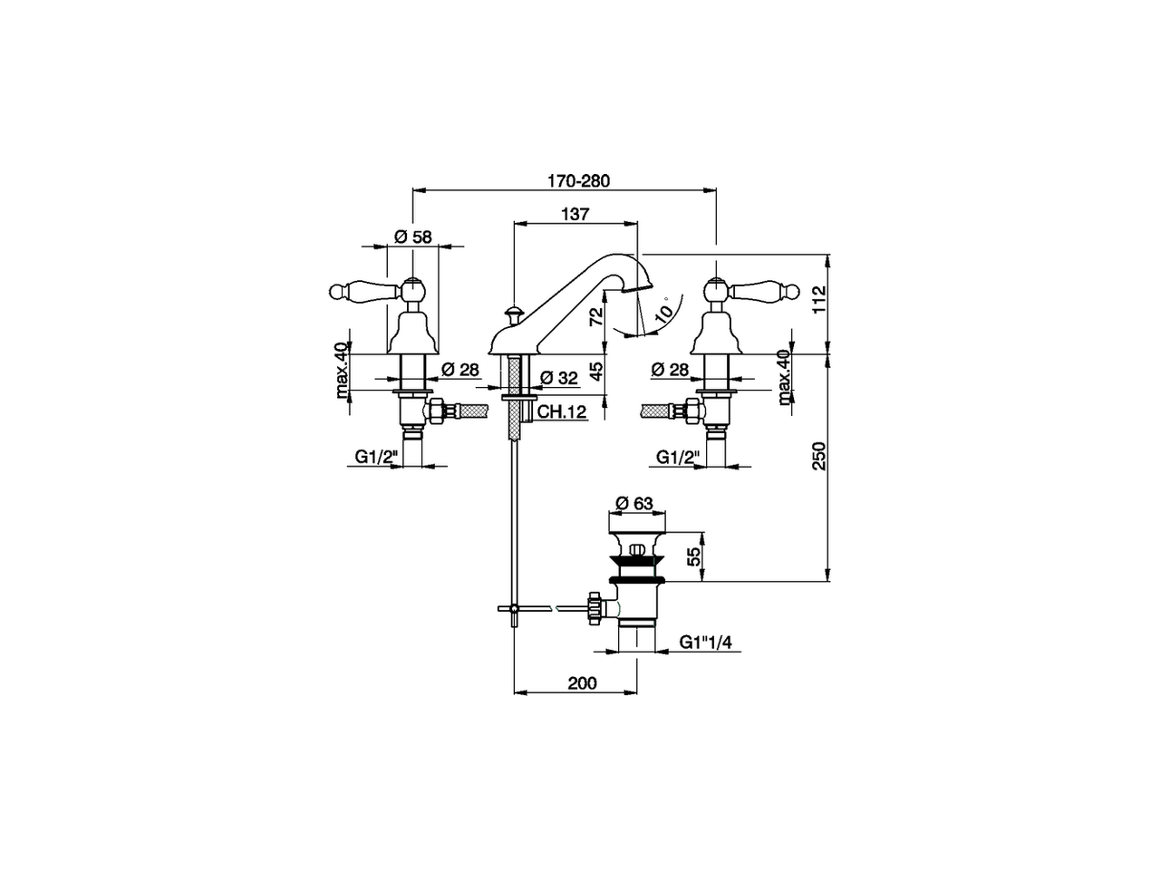 Washbasin 3-holes mixer ARCANA TOSCANA_TS001020 - v1