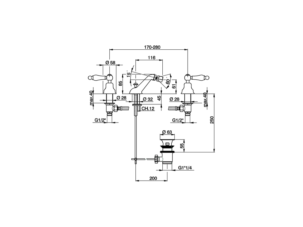 Bidet 3-holes mixer ARCANA TOSCANA_TS001220 - v1