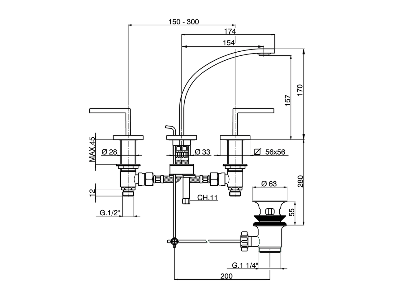 Washbasin 3-holes mixer WAVE_WA001021 - v1